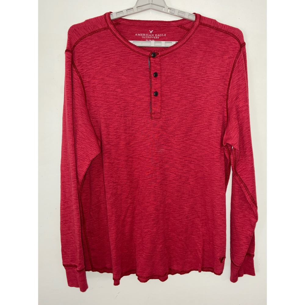 American Eagle Henley Shirt Mens XXL Red Long Sleeve Slub Knit Casual Top